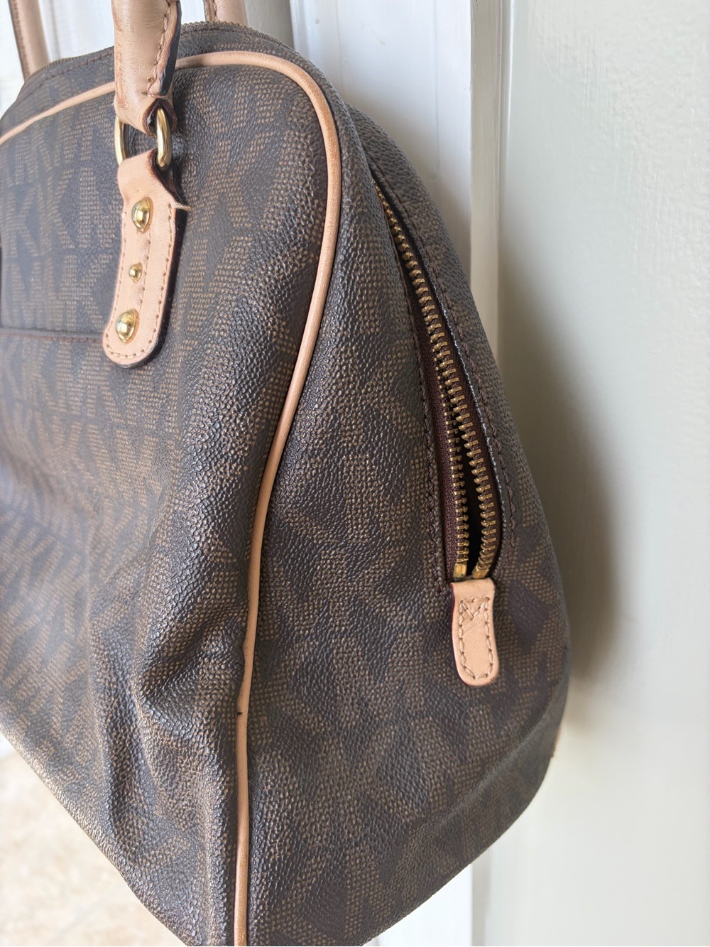 Michael Kors Dark Brown MK Logo Dome Satchel with Light Tan Trim - Picture 5 of 10